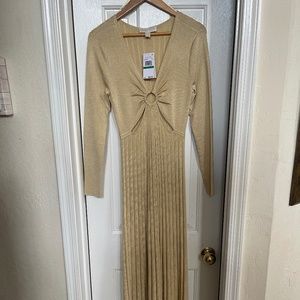 MICHAEL KORS Gold Metallic Stretch Knit O Ring Maxi Dress L